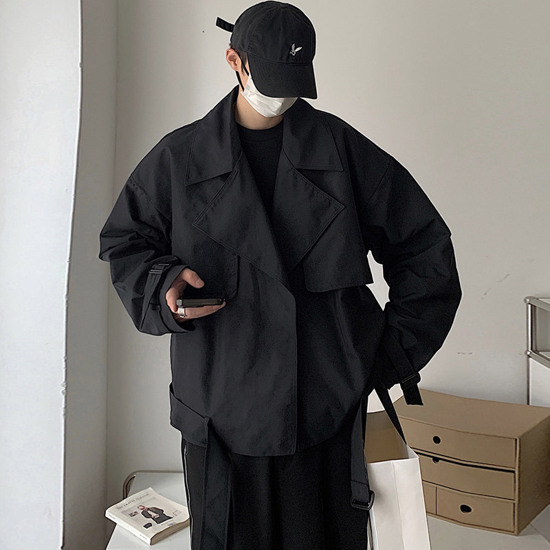 秋季个性短款夹克男韩版翻领宽松潮流系腰带ins风衣外套FK811-P95,男装夹克,四季星座713