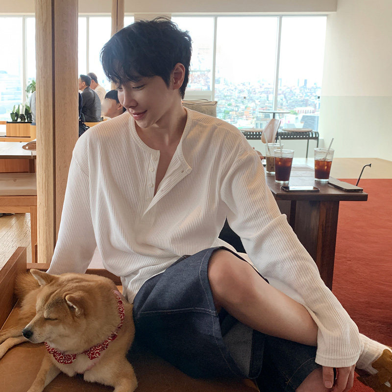 春季慵懒宽松条纹长袖T恤男韩版宽松针织衫潮防晒打底衫CT186-P45，男装T恤，四季星座713