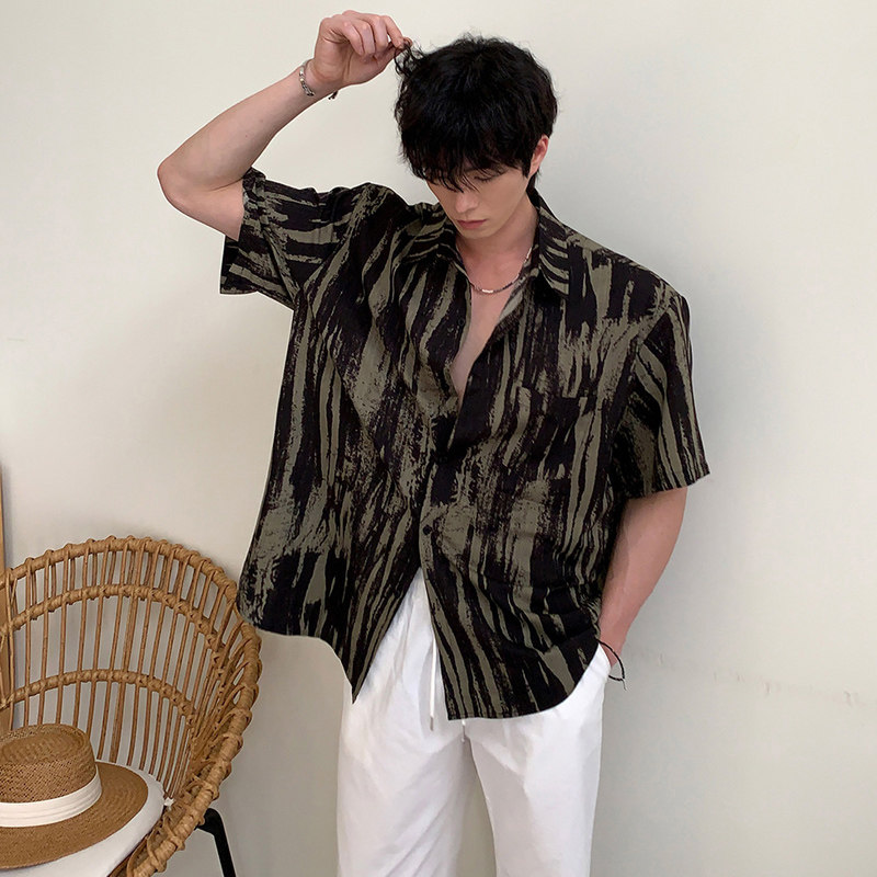 夏季气质冰丝垂感夏威夷短袖衬衫男韩版宽松个性衬衣CT20-P45，男装衬衫，四季星座713