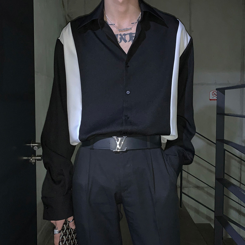 春季百搭拼色长袖衬衫男韩版宽松垂感衬衣网红衬衣C206图片