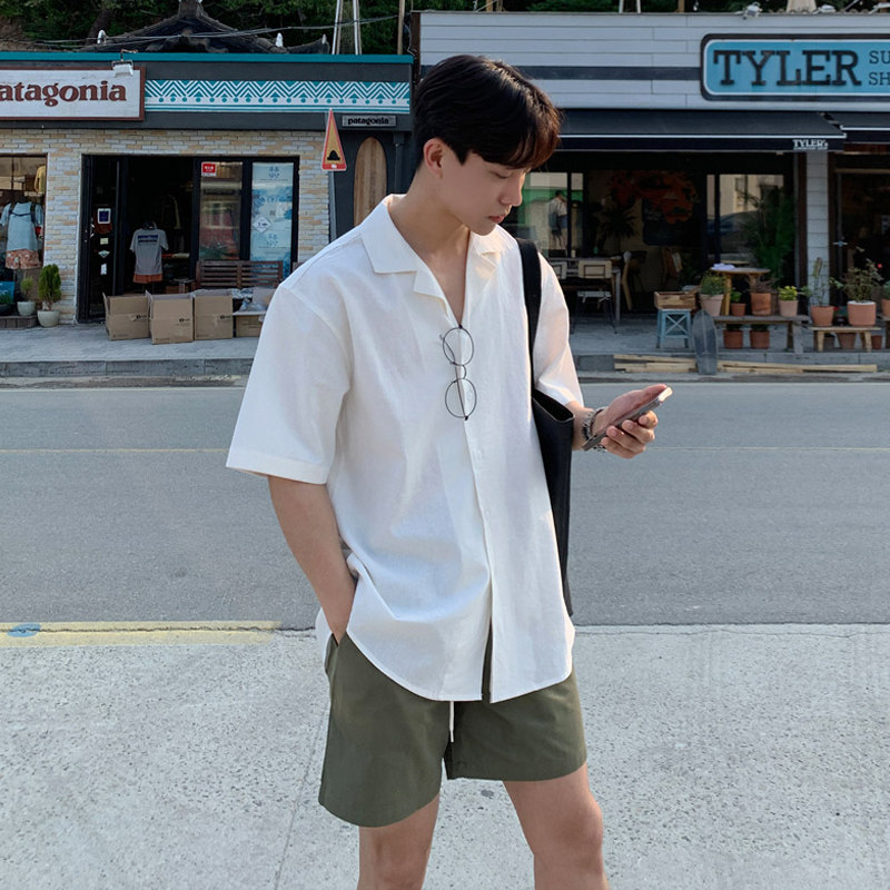 春夏气质冰爽垂感古巴领短袖衬衫男韩版宽松休闲衬衣潮CT05-P45，男装衬衫，四季星座713