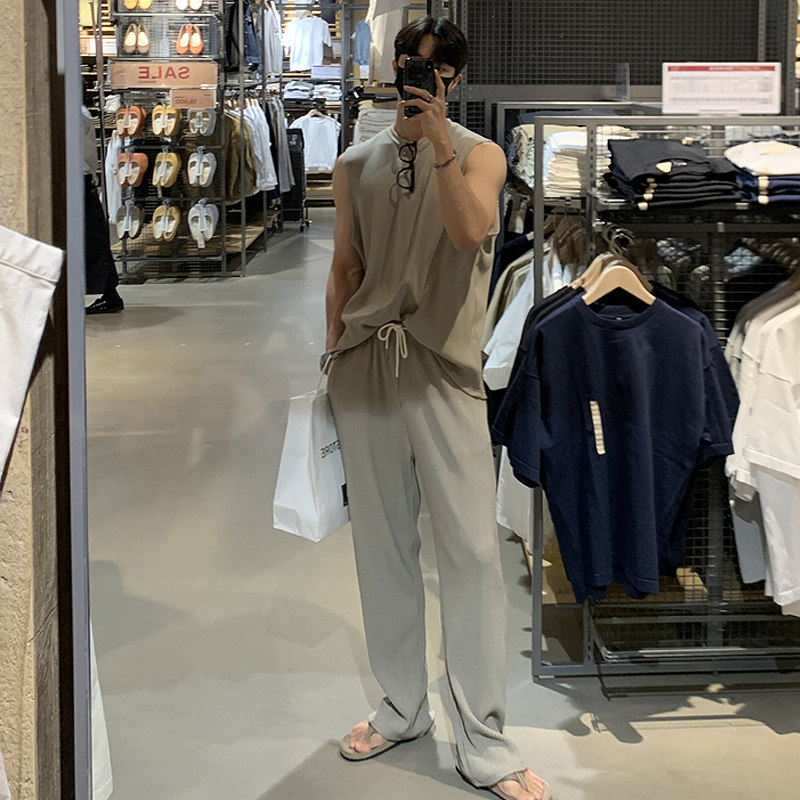 夏季气质二件套男士背心韩版宽松痞帅短袖T恤长裤套装一套V01-P85，男装背心/马甲，四季星座713