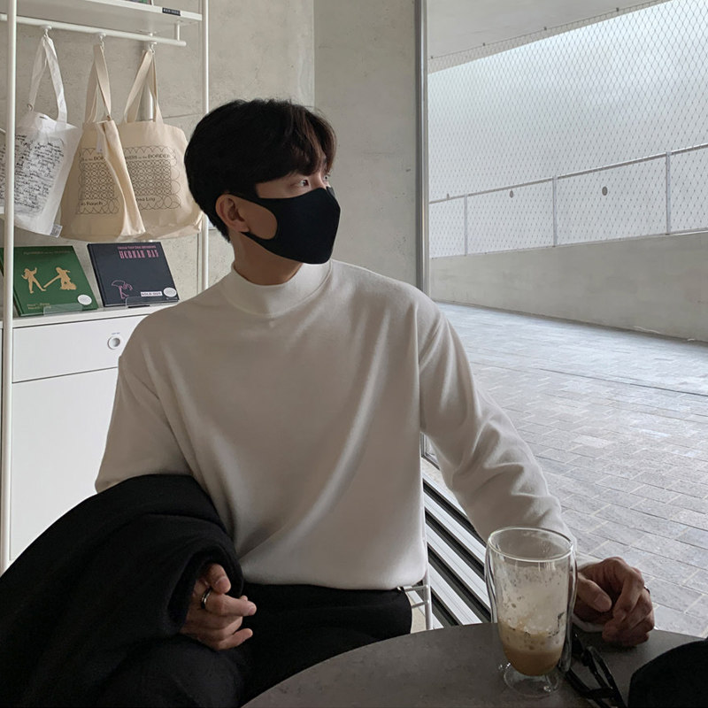 秋冬季帅气纯棉简约纯色半高领T恤男韩版宽松打底衫M617-P50，男装T恤，四季星座713