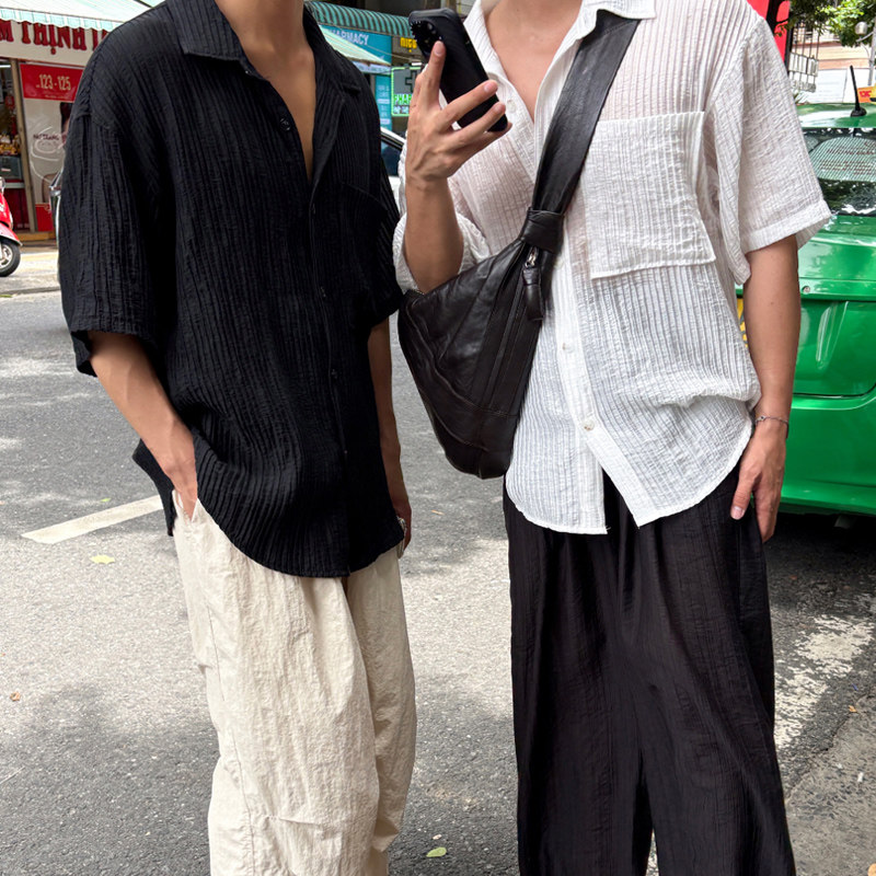 夏季薄款冰丝透气条纹短袖衬衫男韩版宽松痞帅半袖衬衣CT113-P45，男装衬衫，四季星座713