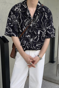 夏季气质垂感夏威夷树叶短袖衬衫男韩版宽松花衬衣CT52-P45图片