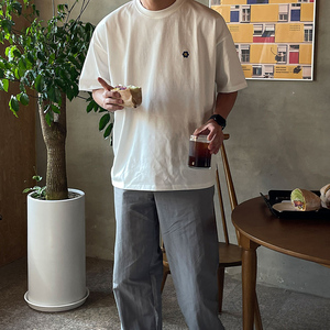 春夏季简约刺绣短袖T恤男韩版宽松休闲潮落肩打底衫CT85-P30图片