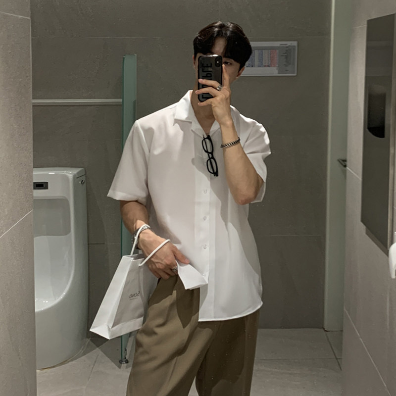 夏季简约垂感短袖衬衫男韩版宽松古巴领潮ins衬衣CT50-P40，男装衬衫，四季星座713