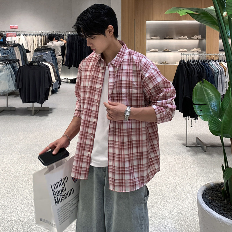 春夏帅气高级感防晒格子长袖衬衫男韩版ins宽松潮流衬衣FC172-P45，男装衬衫，四季星座713