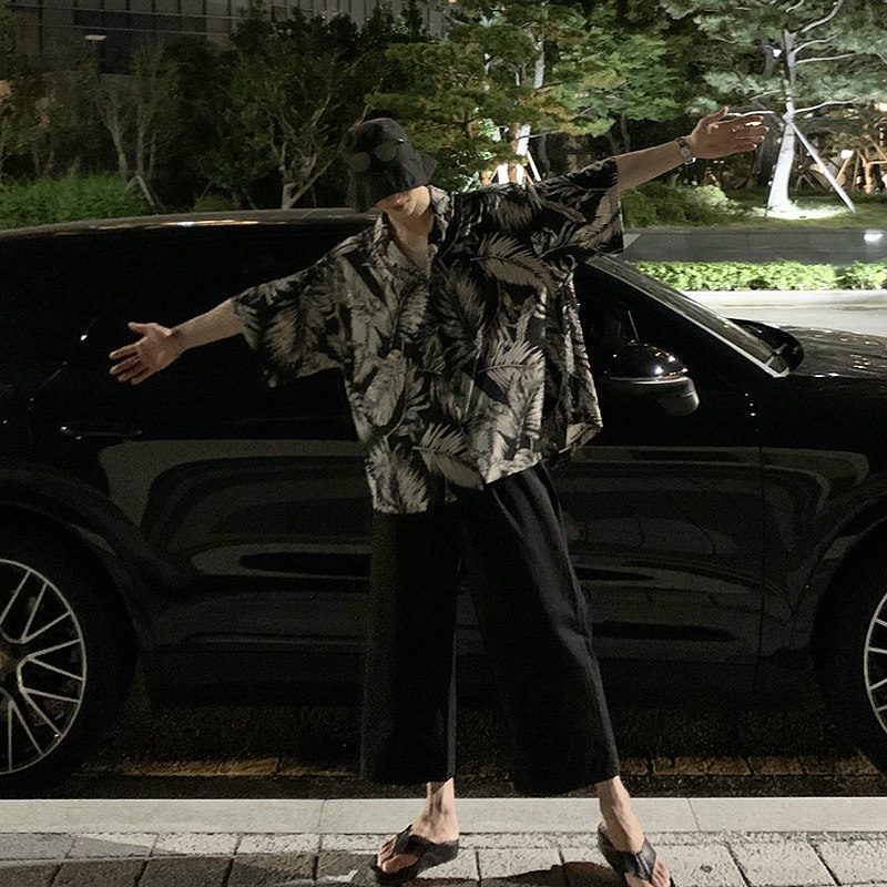 夏季气质冰爽垂感树叶纹短袖衬衫男韩版宽松帅气落肩衬衣CT28-P45,男装衬衫,四季星座713