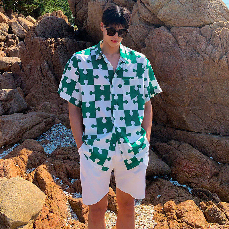 夏季帅气垂感冰爽个性拼色短袖衬衫男韩版宽松格子衬衣CT233-P45，男装衬衫，四季星座713