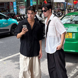 夏季薄款冰丝透气条纹短袖衬衫男韩版宽松痞帅半袖衬衣CT113-P45，男装衬衫，四季星座713