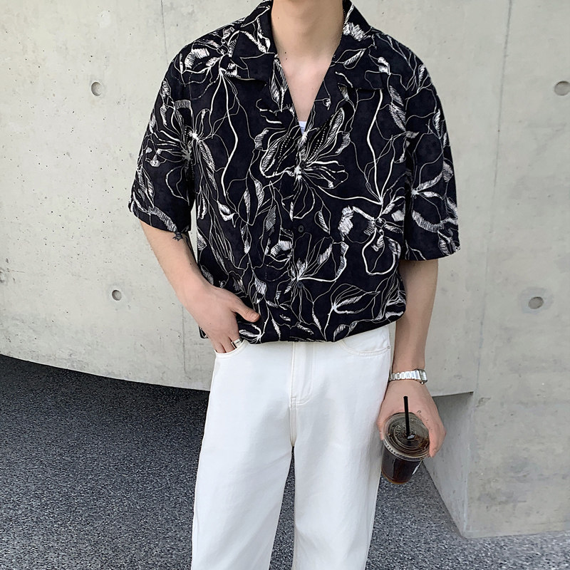 夏季夏威夷垂感冰爽短袖衬衫男韩版宽松海边树叶衬衣CT52-P45，男装衬衫，四季星座713