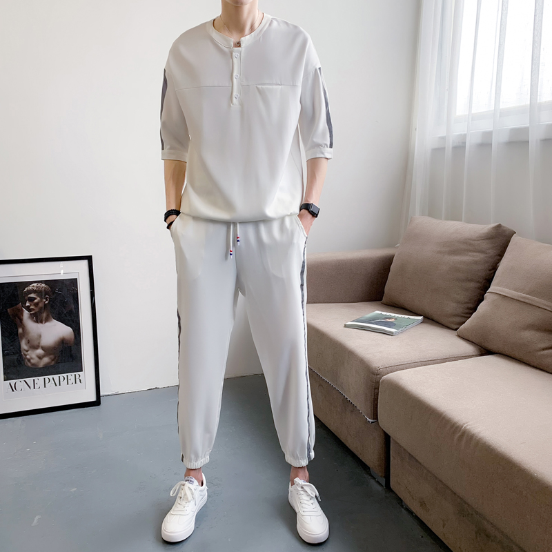 夏季百搭反光夜光短袖衬衫男两件套衬衣套装帅气一套潮CC17，男装衬衫，四季星座713