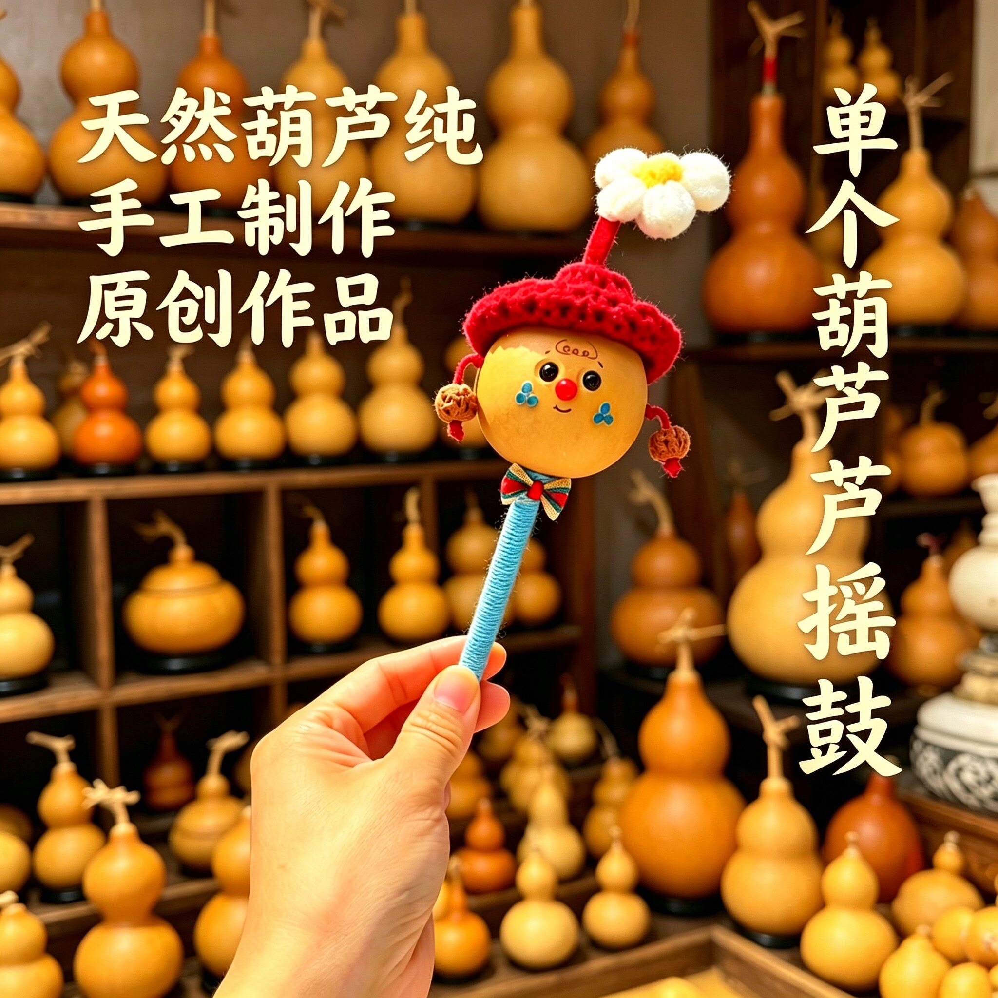 天然纯手工制作葫芦摇鼓卡通葫芦拨浪鼓文玩手把件工艺品葫芦摆件