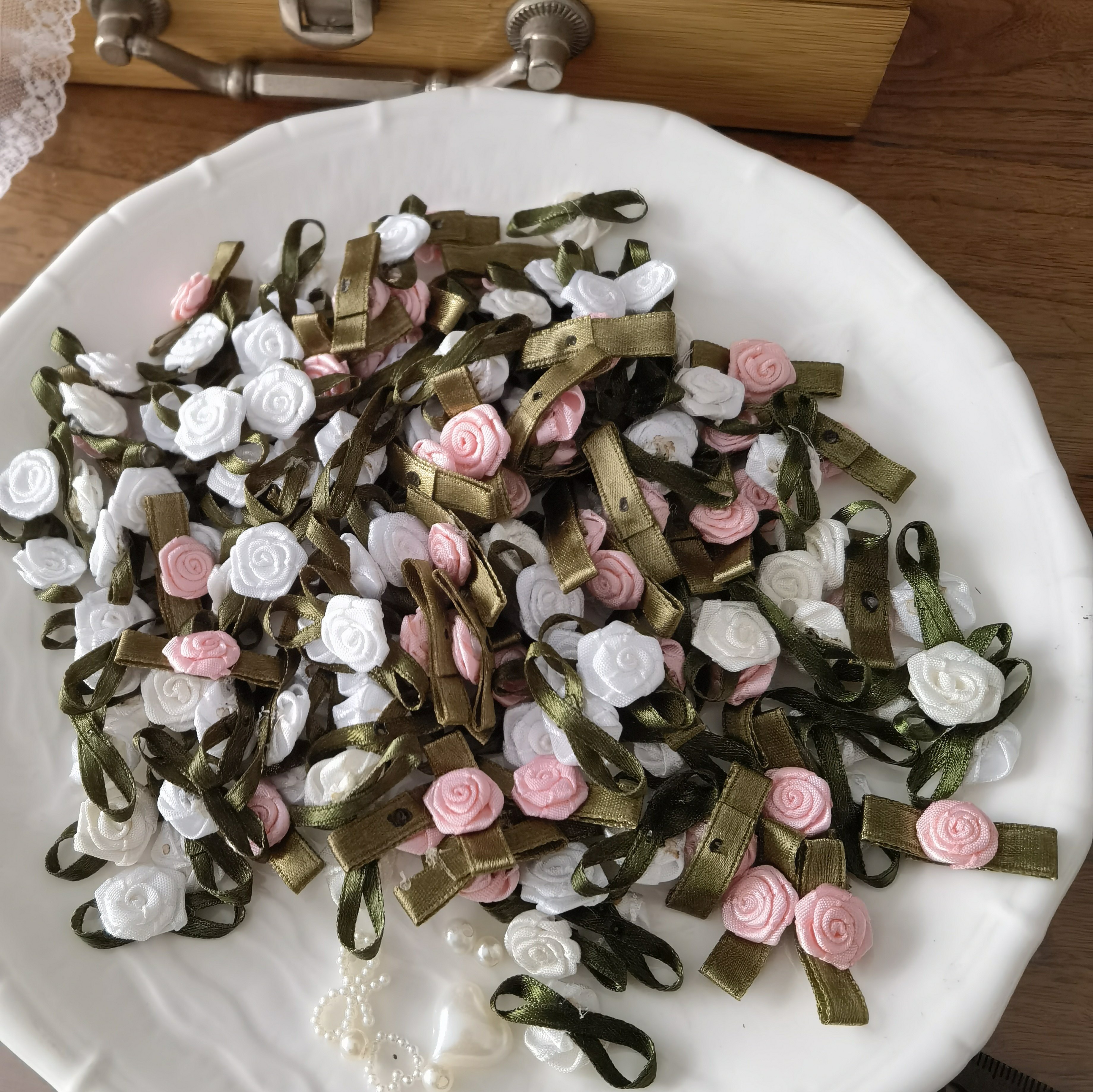 10个装带叶玫瑰花复古缎带小花朵裙子装饰3分4分娃裙辅料diy配件