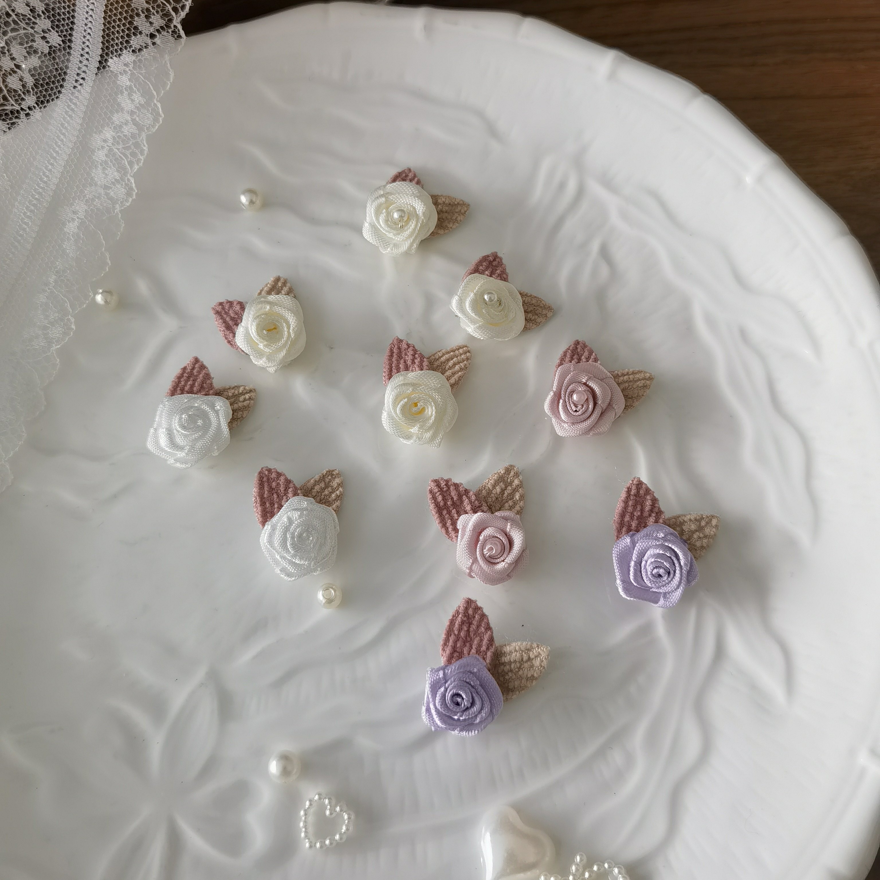 5朵价双叶缎带复古小玫瑰花朵DIY手工娃衣服鞋帽裙子手作辅料1227
