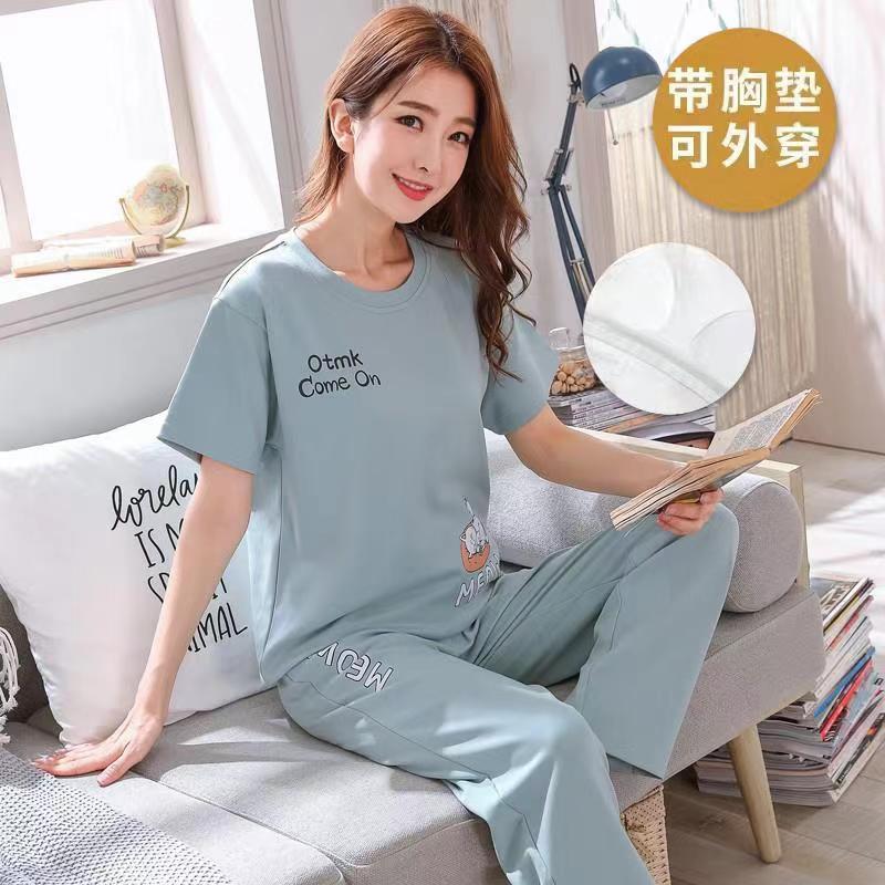 带胸垫睡衣短袖夏季套装女士长裤