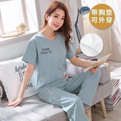 带胸垫睡衣短袖夏季套装女士长裤