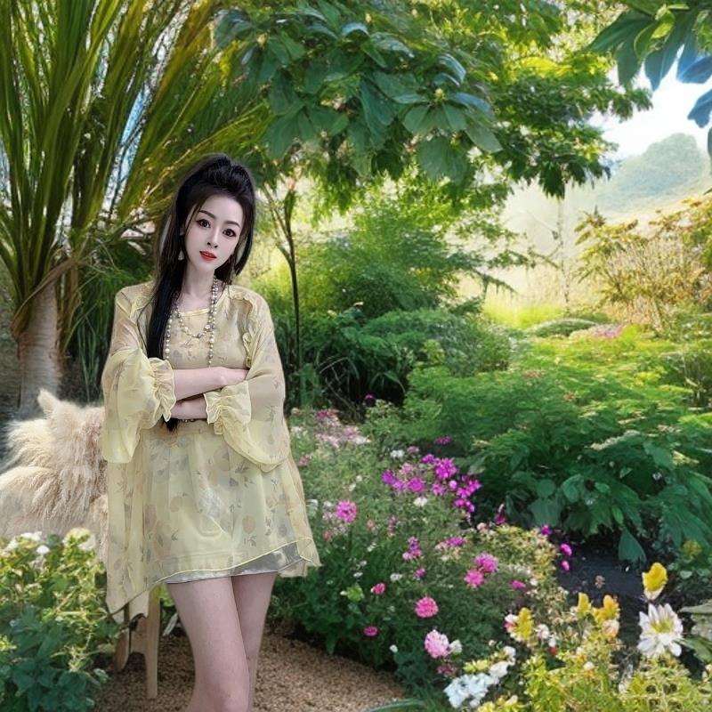 夏季真丝新款乔其纱女时尚气质印花薄款显瘦圆领长袖上衣小衫宽松