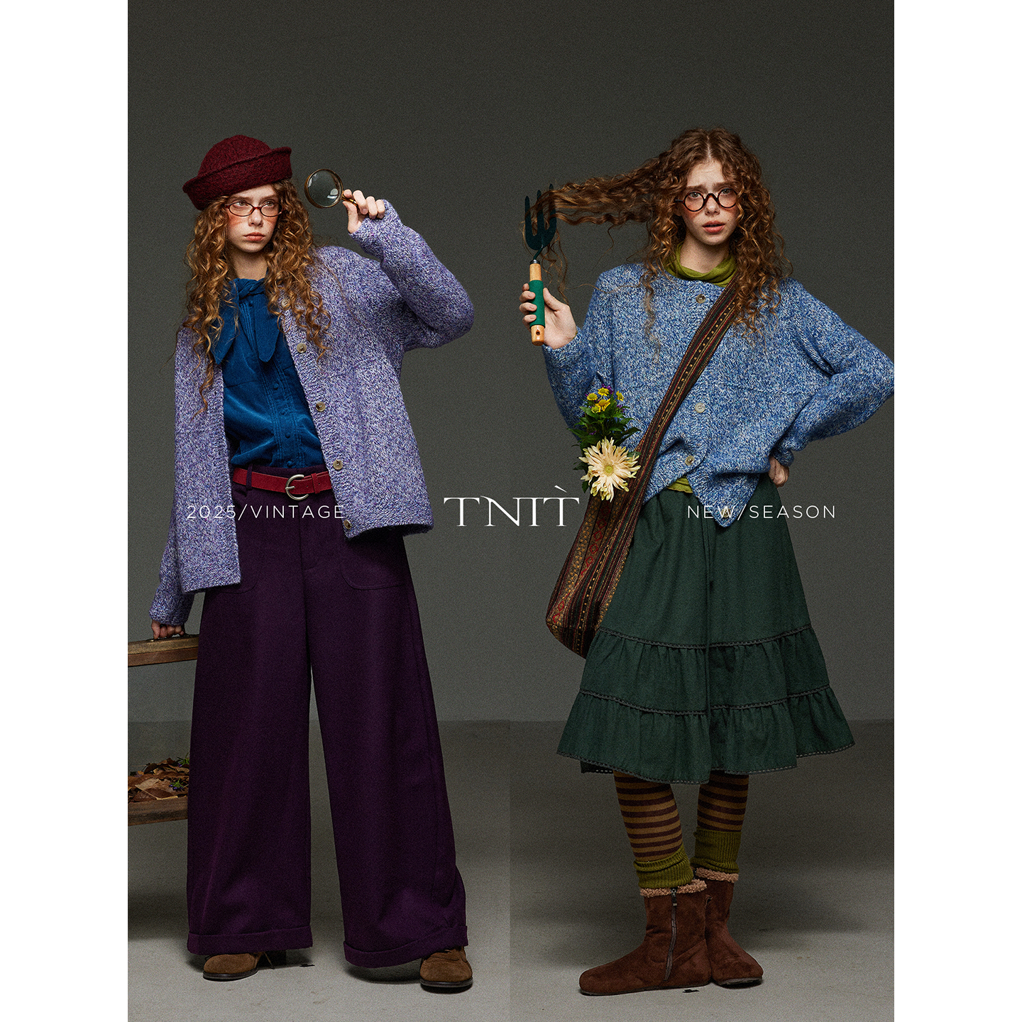 【汤曼妮粉丝专享】TNIT复古松弛慵懒风花纱圆领毛衣开衫