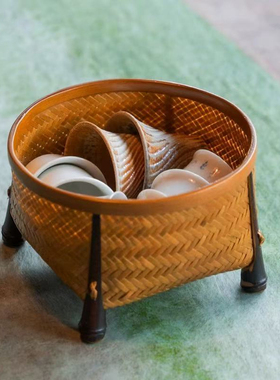 邱师傅竹木LZ041手工竹编茶具收纳筐果篮托盘果篓紫竹脚茶篓收纳