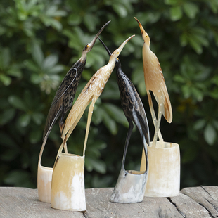 邱师傅竹木BJ139天然牦牛真牛角仙鹤鸟家居客厅桌面招财风水摆件