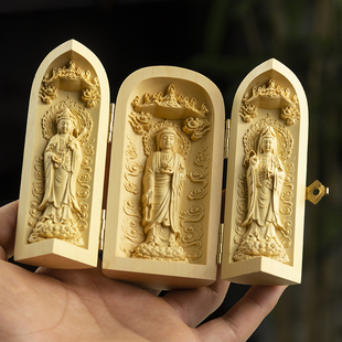 邱师傅竹木黄杨木雕随身观音菩萨三清神像三开盒居家家居摆件