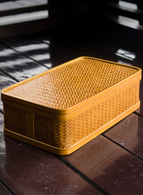 邱师傅竹木HZ004-1纯手工编织长方形黄色竹编底茶具商品收纳盒