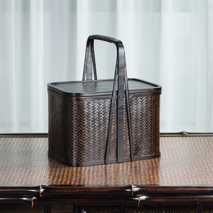 邱师傅竹木TH005手工竹编收纳盒复古带盖茶具收纳筐黑色老款 提篮