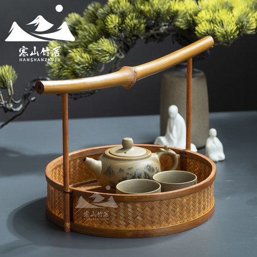 竹编篮圆形大漆月饼食物收纳蓝