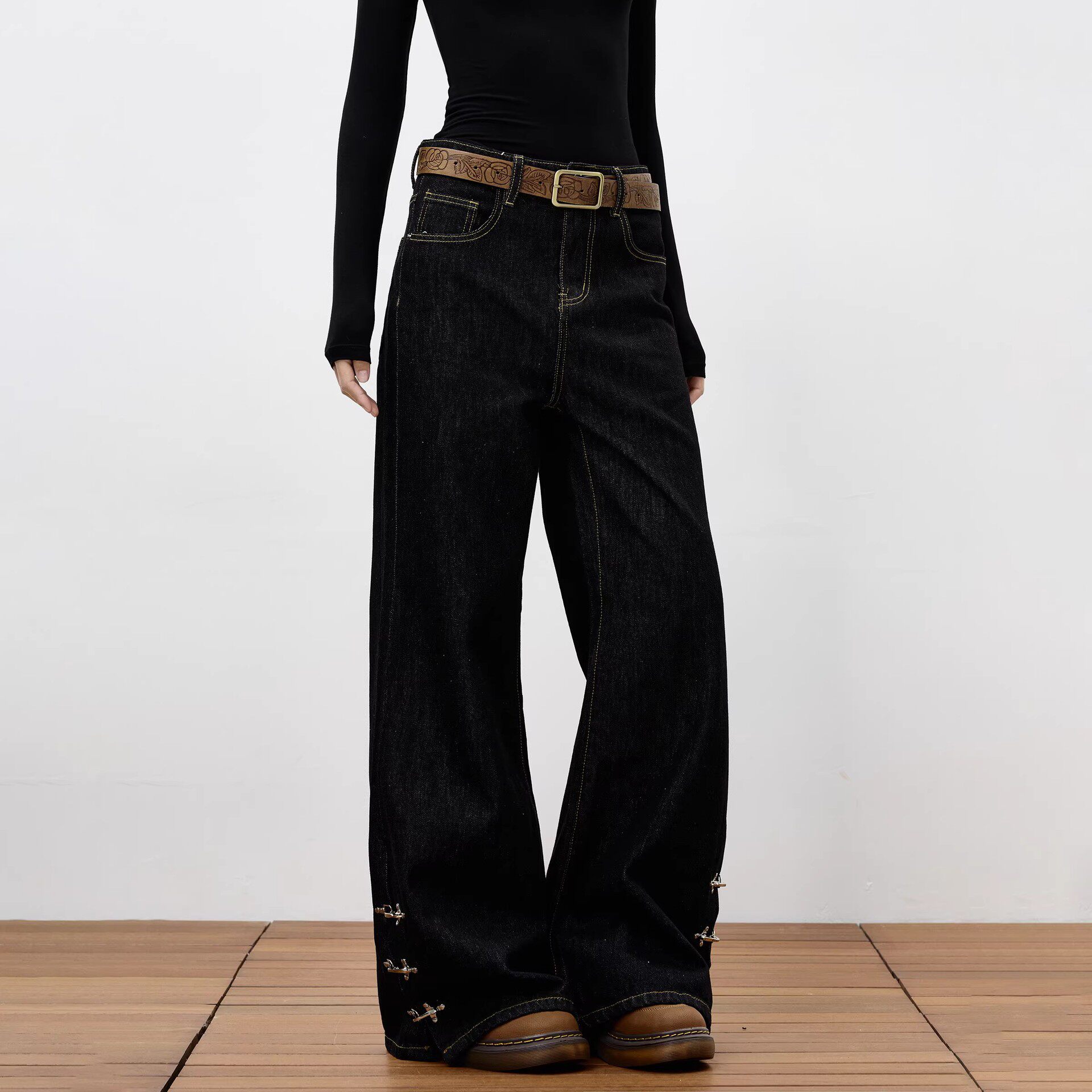 美式复古小众高级感飞机扣原牛牛仔裤男女新款微喇拖地设计感裤子