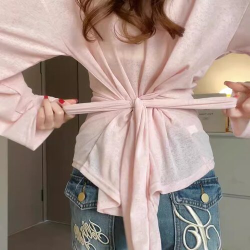 2026新款夏季薄款粉色冰丝海边绑带防晒罩衫女凉感微透甜辣妹t恤