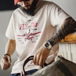 复古老虎印花阿美咔叽T恤宽松休闲二本针短袖 男春夏 美式 马登工装