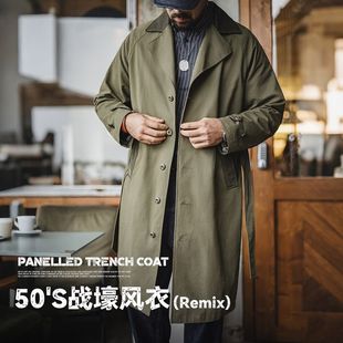 马登工装美式复古战壕风衣军绿色中长款翻领纯棉大衣外套男款春季