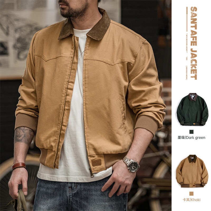 马登工装美式复古重磅圣达菲帆布夹克水洗纯棉翻领短款外套男秋季