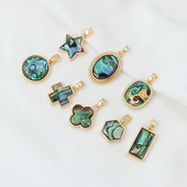 14K包金保色粘黑贝壳几何四叶草圆形六边形长方形吊坠DIY项坠吊饰