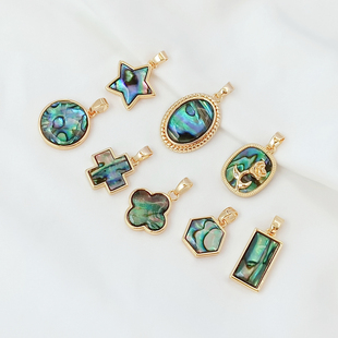 14K包金保色粘黑贝壳几何四叶草圆形六边形长方形吊坠DIY项坠吊饰