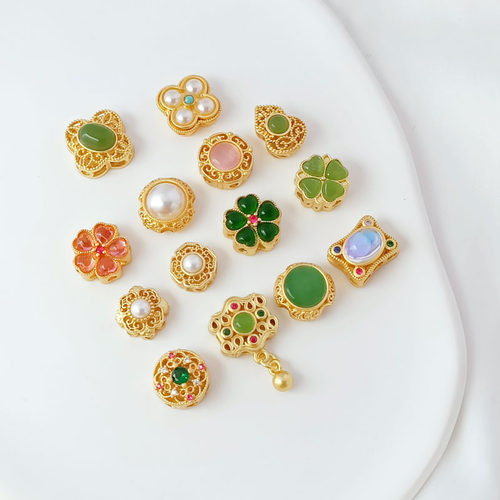 18K包金古法金保色镶玉粘贝四叶草葫芦五叶花直孔手工DIY散珠配件 - 封面