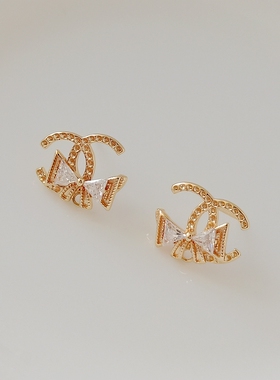 包金14K保色镶嵌锆石双C蝴蝶结S925耳针气质耳钉耳饰DIY饰品配件