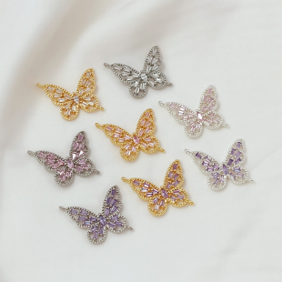 强保色银14K包金白K镶彩锆梯方蝴蝶双吊链接双吊挂坠手工DIY饰品