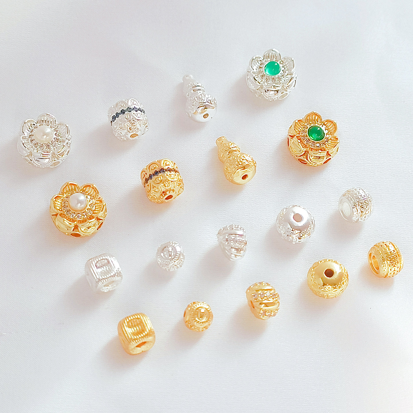 强保色银18K包金拉丝魔方老型鼓珠算盘珠葫芦镶锆莲花隔珠diy配件