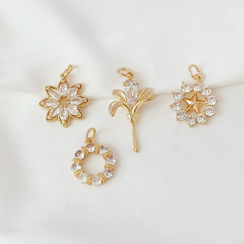 14K包金保色微镶锆石小花朵八角花圆形五角星吊坠diy手链挂件项坠