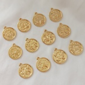 保色14K包金十二星座吊坠18mm挂件12款 图样圆牌吊牌手工DIY饰品