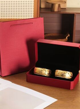 婚庆八角龙凤双镯充皮首饰盒红色翻盖式双件套收纳盒结婚摆台礼盒