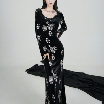 人间蜉蝣 墨夜碎银黑色丝绒烫银花朵长裙冬季修身长袖长裙女轻奢