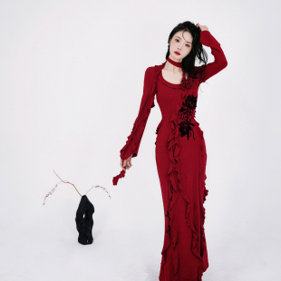 人间蜉蝣点绛设计师联名昙花未眠荷叶边不规则连衣裙秋季羊毛裙子