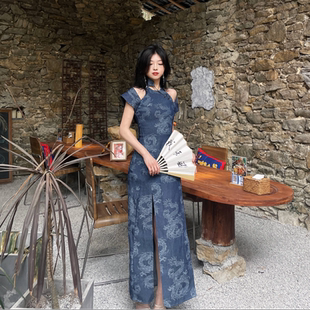 人间蜉蝣 解构短袖不规则领新中式牛仔旗袍复古显瘦龙刺绣改良裙