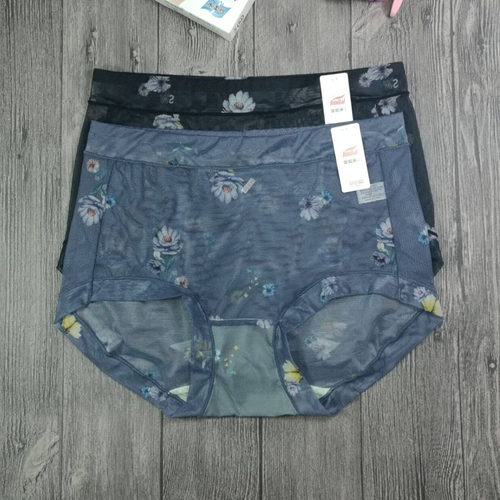 正品富妮来网纱平角内裤女薄款透明透气性感提臀柔软中腰舒适印花