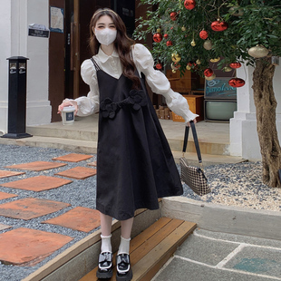 女装 小花吊带显瘦减龄连衣裙套装 胖妹妹秋冬新款 衬衫 泡泡袖 大码