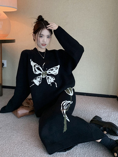 大码女装胖mm遮肚子套头针织毛衣高腰开叉针织半裙巨显瘦套装秋冬